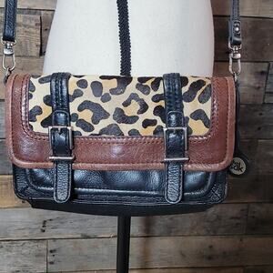 The Sak Messenger Bag Hair On Hide Leopard Animal Print Leather Black Brown